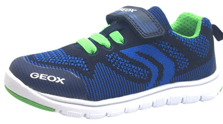 Shoes Geox Boy'S Casual Shoes | Geox Boy'S Xunday Navy Blue Green Lightweight Textile Hook And Loop Strap Elastic Lace Sporty Low Top Breathable Sneaker