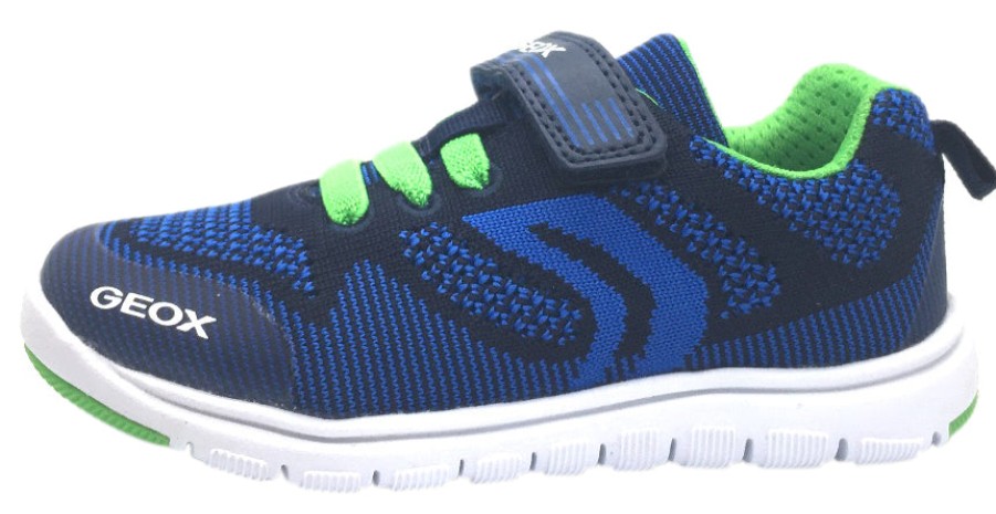 Shoes Geox Boy'S Casual Shoes | Geox Boy'S Xunday Navy Blue Green Lightweight Textile Hook And Loop Strap Elastic Lace Sporty Low Top Breathable Sneaker