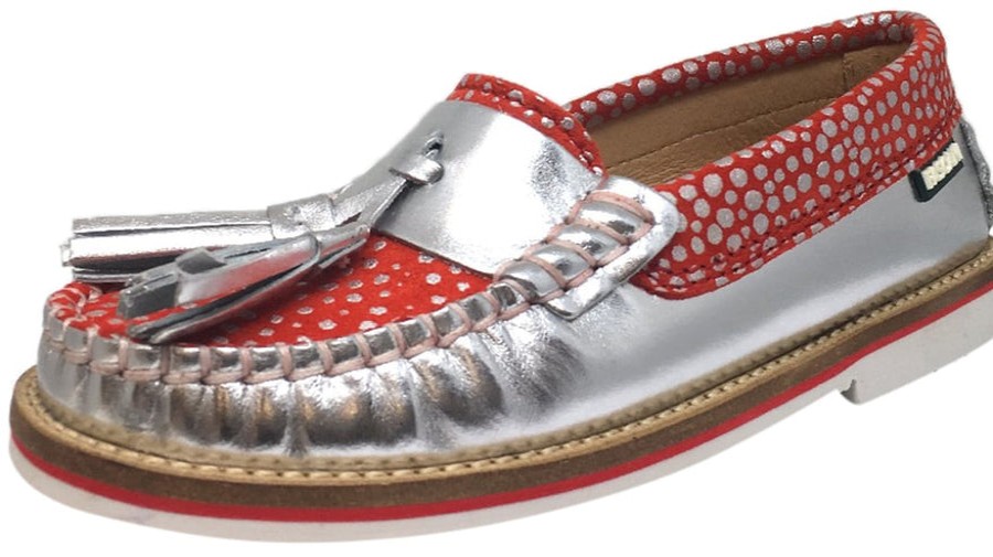 Shoes Fascani Boy'S Casual Shoes | Fascani Girl'S And Boy'S Metallic Silver Leather Red Polka Dot Tassel Stitching Detail Slip On Loafer Moccasin