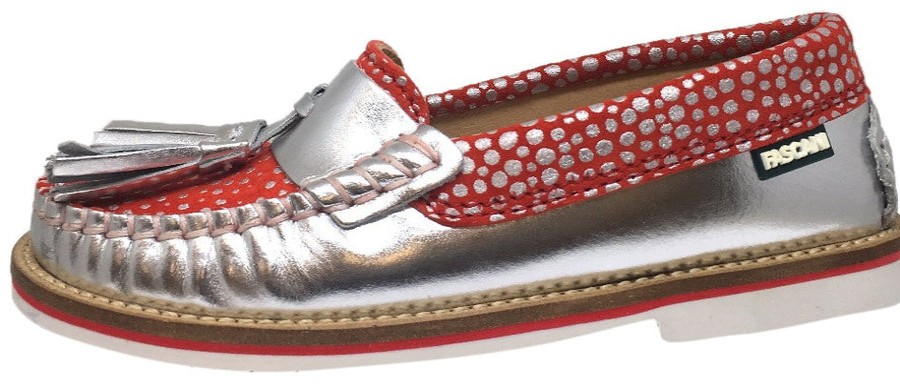 Shoes Fascani Boy'S Casual Shoes | Fascani Girl'S And Boy'S Metallic Silver Leather Red Polka Dot Tassel Stitching Detail Slip On Loafer Moccasin