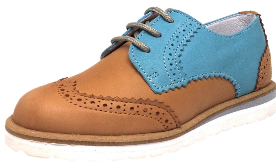 Shoes Hoo Shoes Boy'S Casual Shoes | Hoo Shoes Boy'S Tan & Turquoise Ralph'S Smooth Leather Lace Up Platform Tip Oxford Shoe