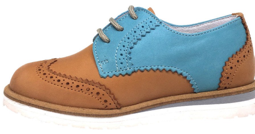 Shoes Hoo Shoes Boy'S Casual Shoes | Hoo Shoes Boy'S Tan & Turquoise Ralph'S Smooth Leather Lace Up Platform Tip Oxford Shoe