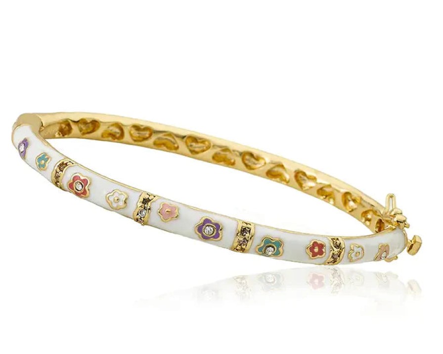 Accessories Little Miss Twin Stars | Little Miss Twin Stars 14K Gold Plated White Enamel Oval With Enamel Flowers Bangle