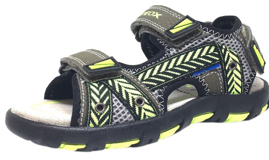 Shoes Geox Boy'S Casual Shoes | Geox Boy'S Pianeta Military Green & Lime Single Hook And Loop Strap Open Toe Sandal