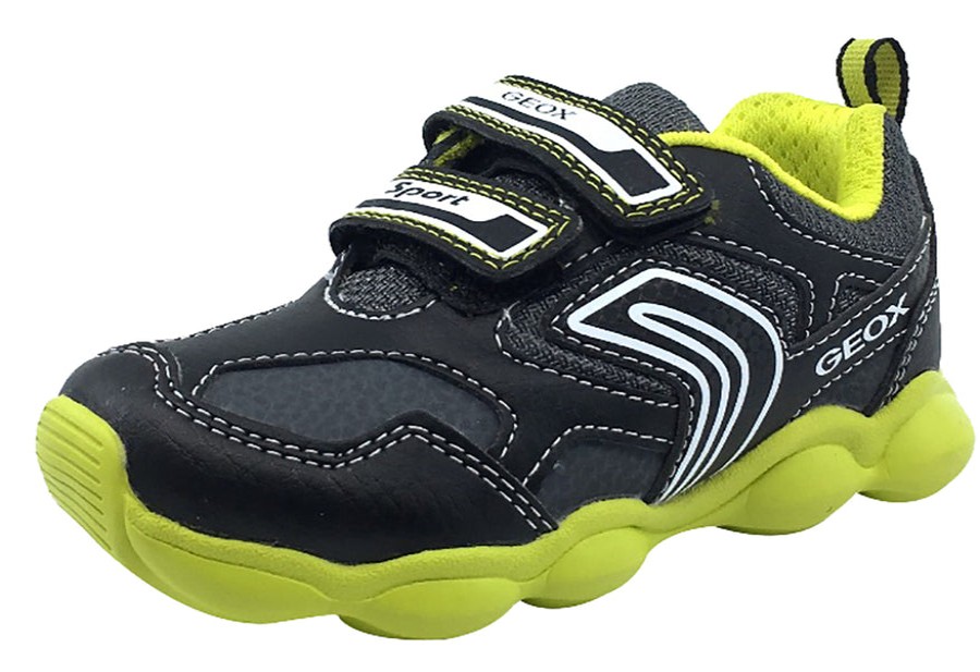 Shoes Geox Boy'S Casual Shoes | Geox Boy'S Munfrey Leather Black/Lime Double Velcro Sneaker