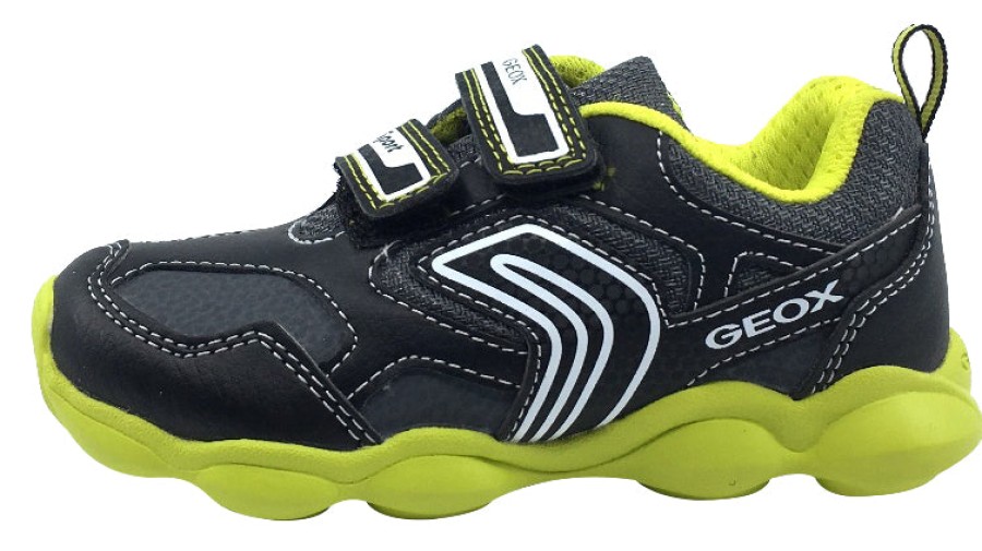 Shoes Geox Boy'S Casual Shoes | Geox Boy'S Munfrey Leather Black/Lime Double Velcro Sneaker