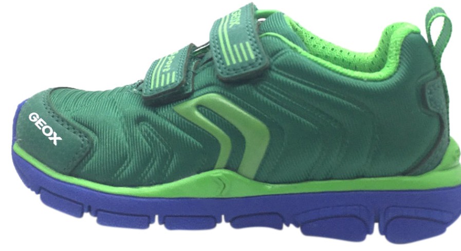 Shoes Geox Boy'S Casual Shoes | Geox Boy'S Torque Green Double Hook And Loop Strap Sporty Low Top Breathable Sneaker