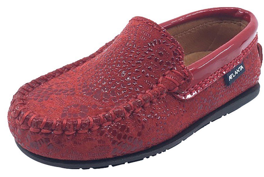 Shoes Atlanta Mocassin Boy'S Casual Shoes | Atlanta Mocassin Girl'S & Boy'S Red Pebble Printed Leather With Patent Trim Slip On Moccasin Loafer Shoe