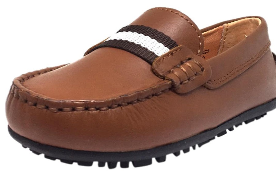 Shoes Umi Boy'S Casual Shoes | Umi Boy'S Cognac Leather Studded Fabric Racing Stripe Slip On Moccasin Loafer