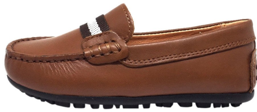 Shoes Umi Boy'S Casual Shoes | Umi Boy'S Cognac Leather Studded Fabric Racing Stripe Slip On Moccasin Loafer