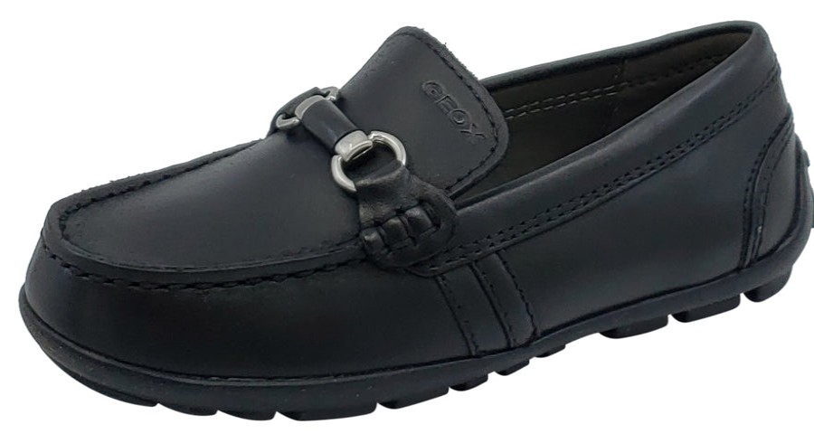 Shoes Geox Boy'S Casual Shoes | Geox Jr New Fast Mocassin Black Premium Leather Slip On For Boy'S