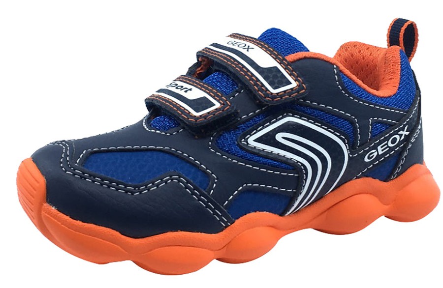 Shoes Geox Boy'S Casual Shoes | Geox Boy'S Munfrey Leather Navy Orange Double Velcro Sneaker