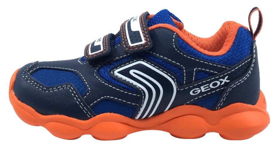 Shoes Geox Boy'S Casual Shoes | Geox Boy'S Munfrey Leather Navy Orange Double Velcro Sneaker