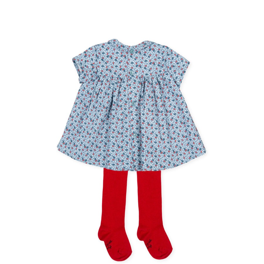 Clothes Tutto Piccolo | Tutto Piccolo Vestido Viyella Con Leotardos Short Sleeve Dress With Tights - Atlantic Blue