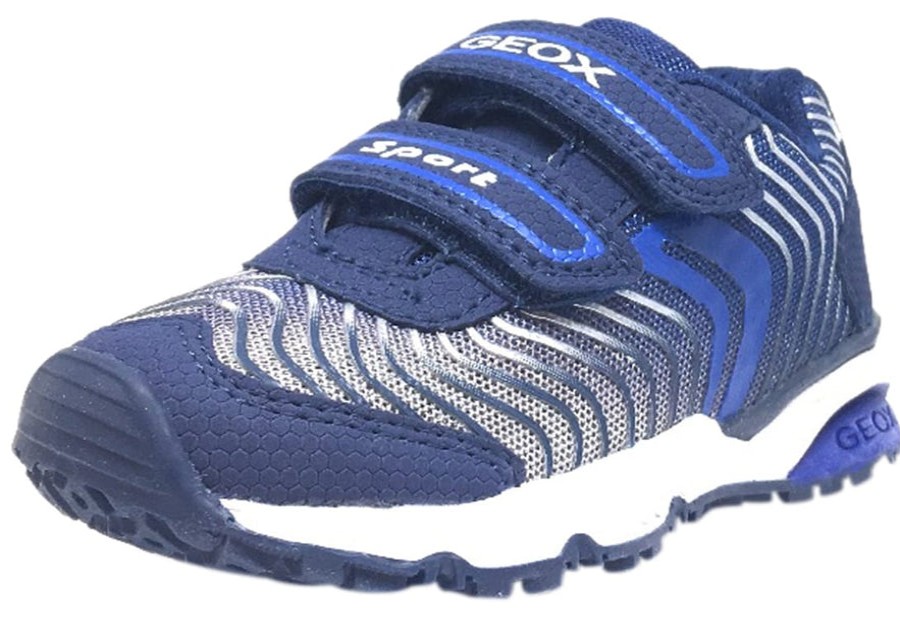 Shoes Geox Boy'S Casual Shoes | Geox Boy'S Bernie Royal Blue & White Double Hook And Loop Strap Sneaker