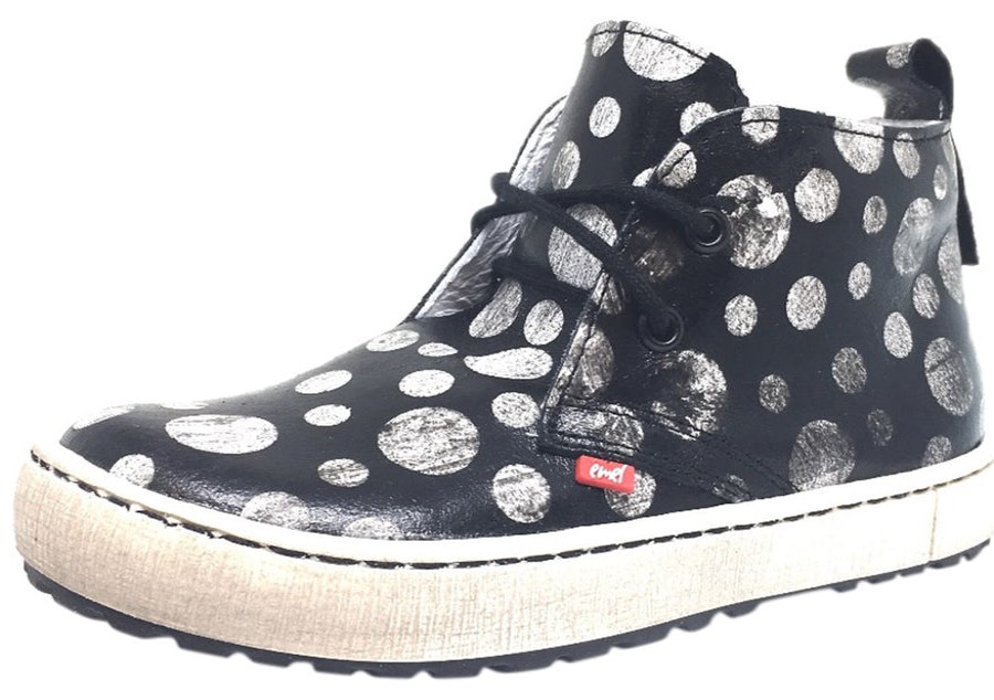 Shoes Emel Boy'S Casual Shoes | Emel Girl'S & Boy'S Black Polka Dot Smooth Leather High Top Sneaker With Distressed Sole