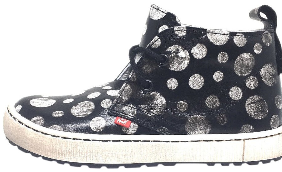 Shoes Emel Boy'S Casual Shoes | Emel Girl'S & Boy'S Black Polka Dot Smooth Leather High Top Sneaker With Distressed Sole