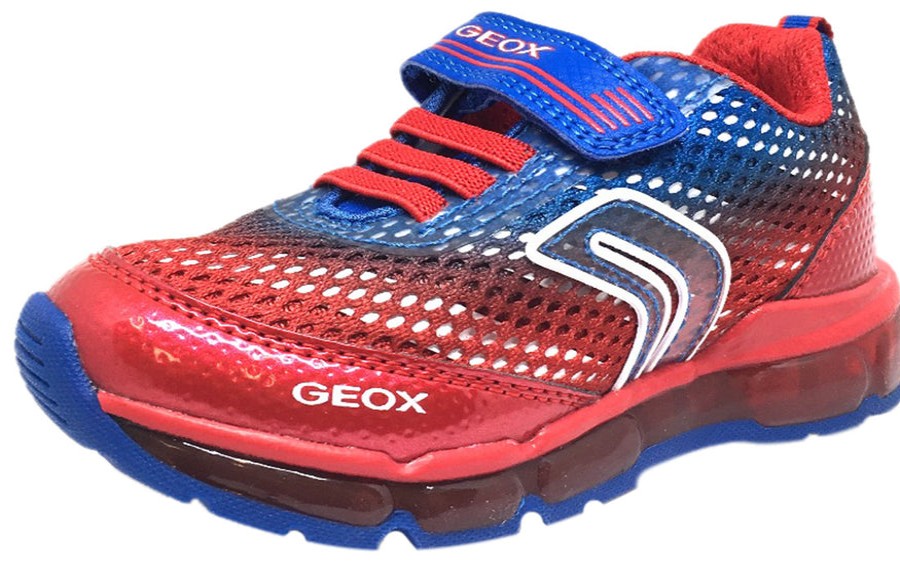 Shoes Geox Boy'S Casual Shoes | Geox Respira Boy'S Android Royal Blue & Red Mesh Light Up Double Hook And Loop Sneaker