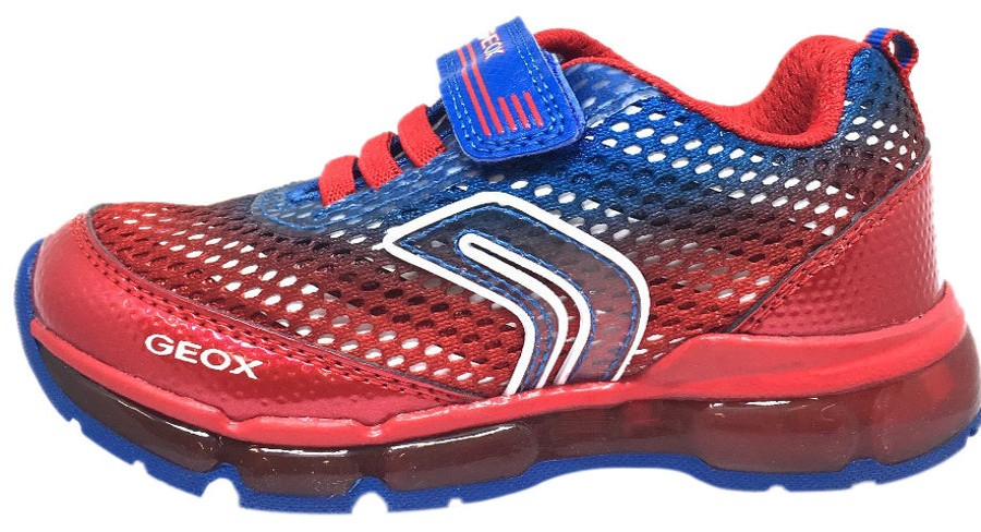 Shoes Geox Boy'S Casual Shoes | Geox Respira Boy'S Android Royal Blue & Red Mesh Light Up Double Hook And Loop Sneaker