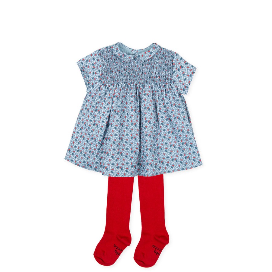 Clothes Tutto Piccolo | Tutto Piccolo Vestido Viyella Con Leotardos Short Sleeve Dress With Tights - Atlantic Blue