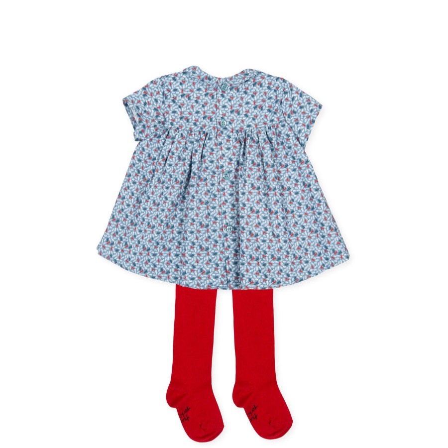 Clothes Tutto Piccolo | Tutto Piccolo Vestido Viyella Con Leotardos Short Sleeve Dress With Tights - Atlantic Blue