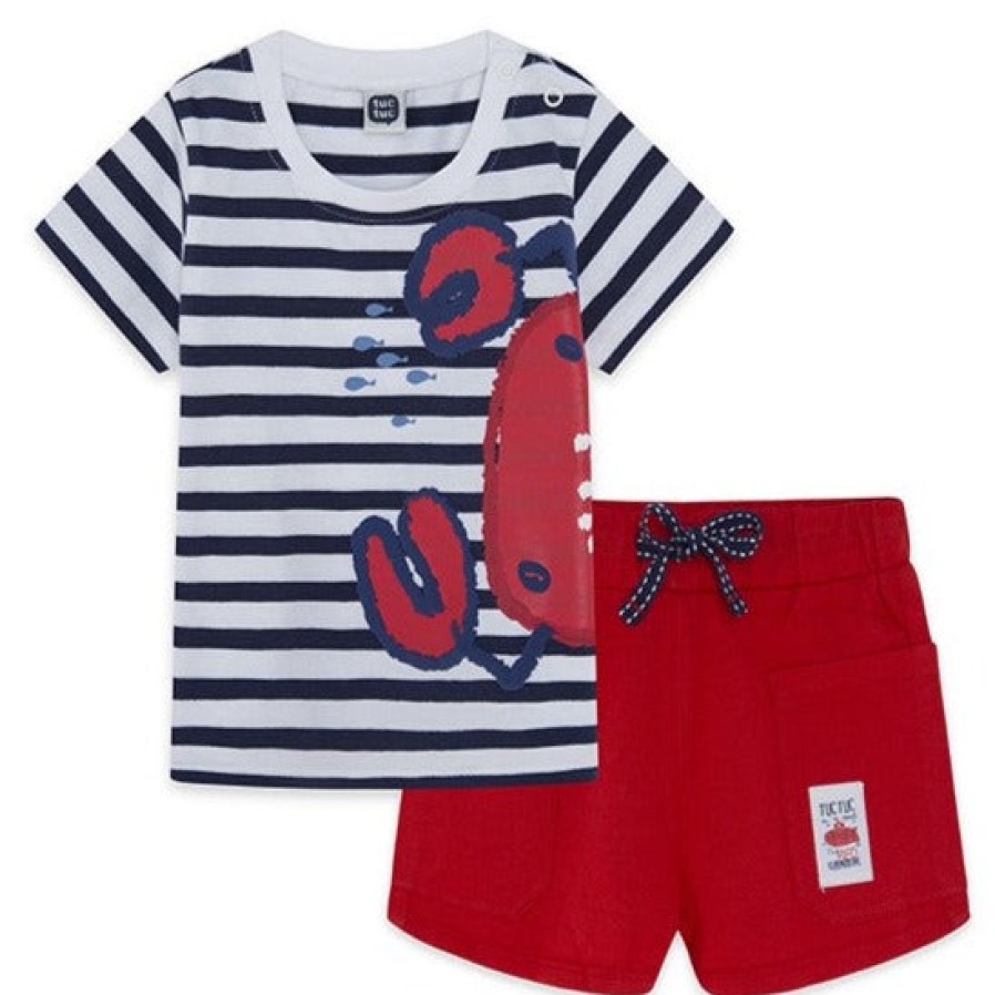 Clothes Tuc Tuc | Tuc Tuc Crabby Striped T-Shirt And Red Bermuda Shorts Set