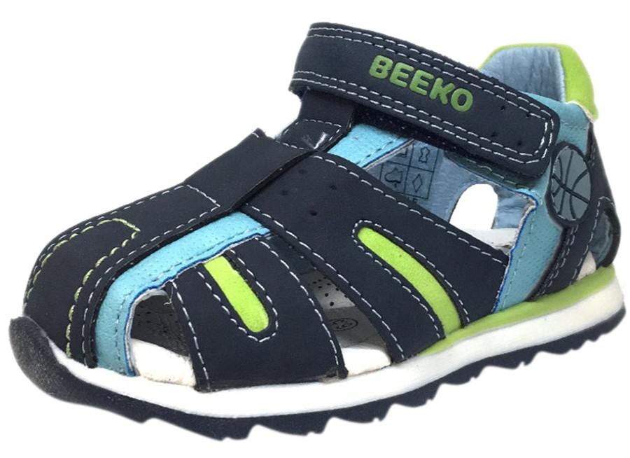 Shoes Beeko Boy'S Casual Shoes | Beeko Boy'S Eagle Ii Navy And Green Leather Single Hook And Loop Strap Fisherman Athletic Sandal