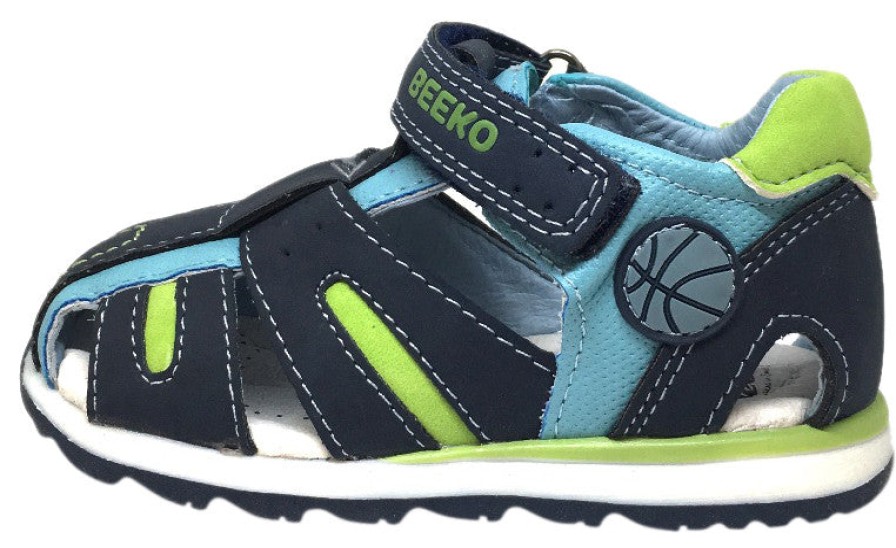 Shoes Beeko Boy'S Casual Shoes | Beeko Boy'S Eagle Ii Navy And Green Leather Single Hook And Loop Strap Fisherman Athletic Sandal