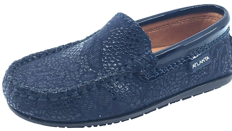 Shoes Atlanta Mocassin Boy'S Casual Shoes | Atlanta Mocassin Girl'S & Boy'S Navy Pebble Printed Leather With Patent Trim Slip On Moccasin Loafer Shoe