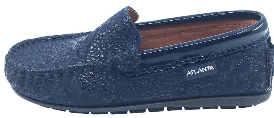 Shoes Atlanta Mocassin Boy'S Casual Shoes | Atlanta Mocassin Girl'S & Boy'S Navy Pebble Printed Leather With Patent Trim Slip On Moccasin Loafer Shoe