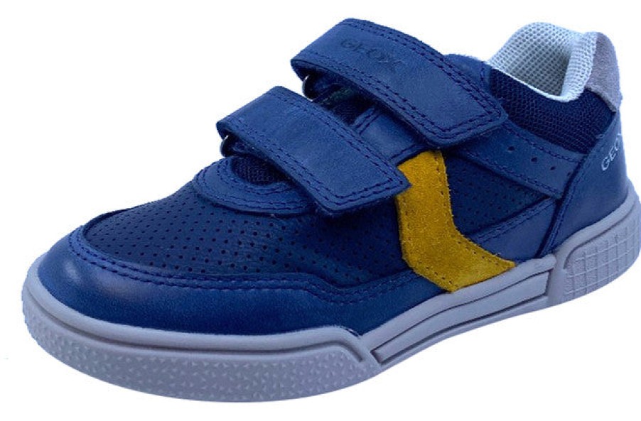 Shoes Geox Boy'S Casual Shoes | Geox Respira Boy'S J Poseido Double Hook And Loop Sneaker, Navy/Dark Yellow