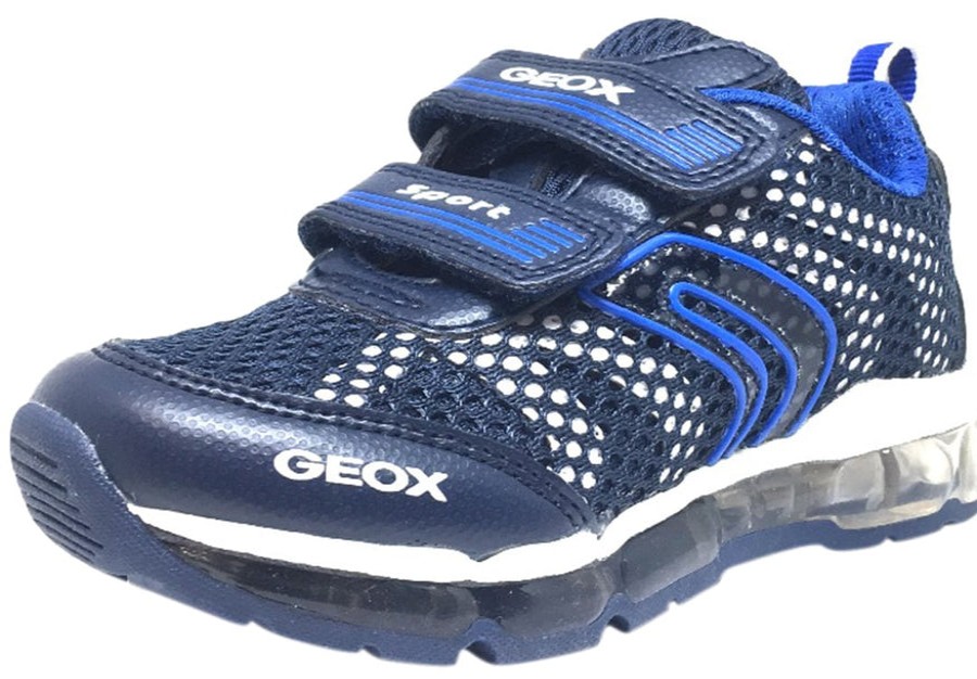 Shoes Geox Boy'S Casual Shoes | Geox Respira Boy'S Android Navy & White Mesh Light Up Double Hook And Loop Sneaker