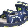 Shoes Geox Boy'S Casual Shoes | Geox Boy'S Pianeta Navy & Lime Single Hook And Loop Strap Open Toe Sandal