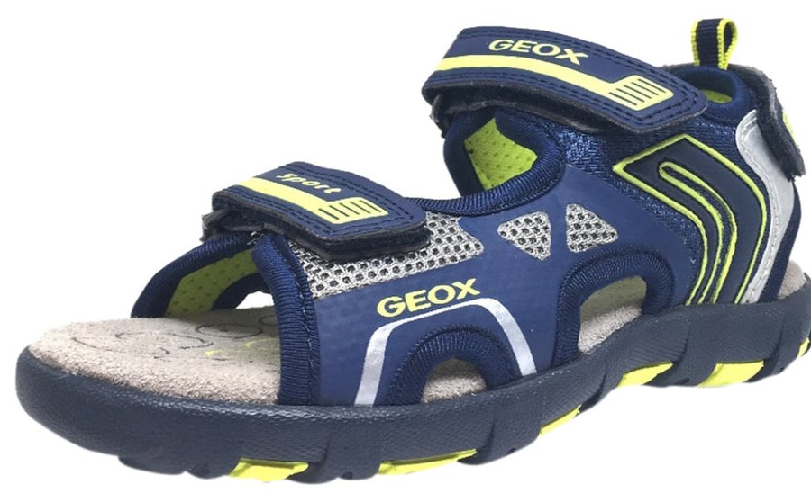 Shoes Geox Boy'S Casual Shoes | Geox Boy'S Pianeta Navy & Lime Single Hook And Loop Strap Open Toe Sandal