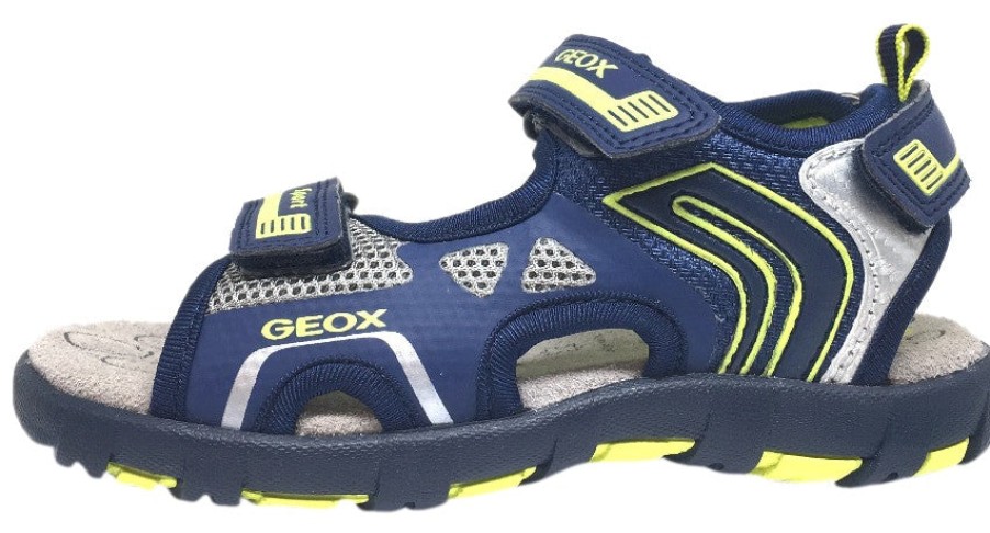 Shoes Geox Boy'S Casual Shoes | Geox Boy'S Pianeta Navy & Lime Single Hook And Loop Strap Open Toe Sandal