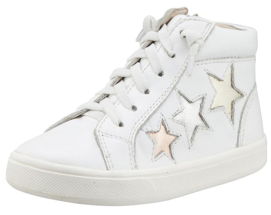 Shoes Old Soles Boy'S Casual Shoes | Old Soles Girl'S And Boy'S 6033 Stardom White Smooth Leather With Stars Elastic Lace Side Zipper High Top Sneaker