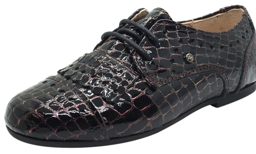 Shoes Manuela de Juan Boy'S Casual Shoes | Manuela De Juan Girl'S & Boy'S Mat Wine Croc Embossed Patent Leather Lace Up Oxford Shoes With Stitched Fringe