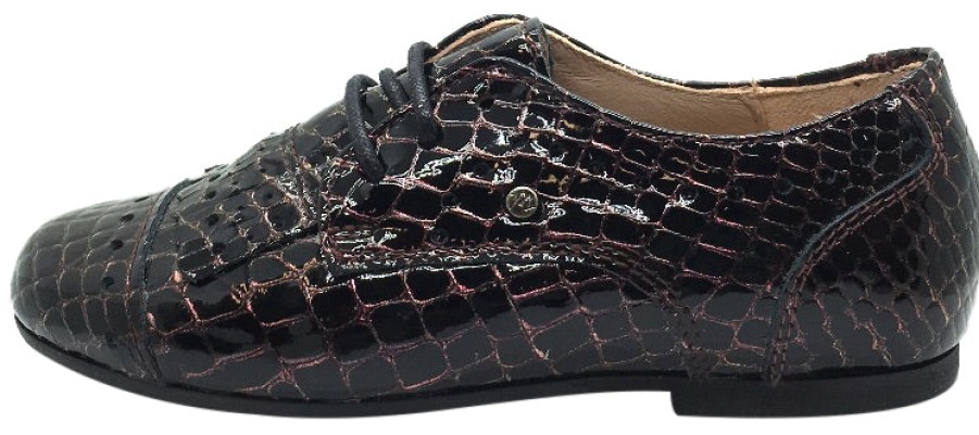 Shoes Manuela de Juan Boy'S Casual Shoes | Manuela De Juan Girl'S & Boy'S Mat Wine Croc Embossed Patent Leather Lace Up Oxford Shoes With Stitched Fringe