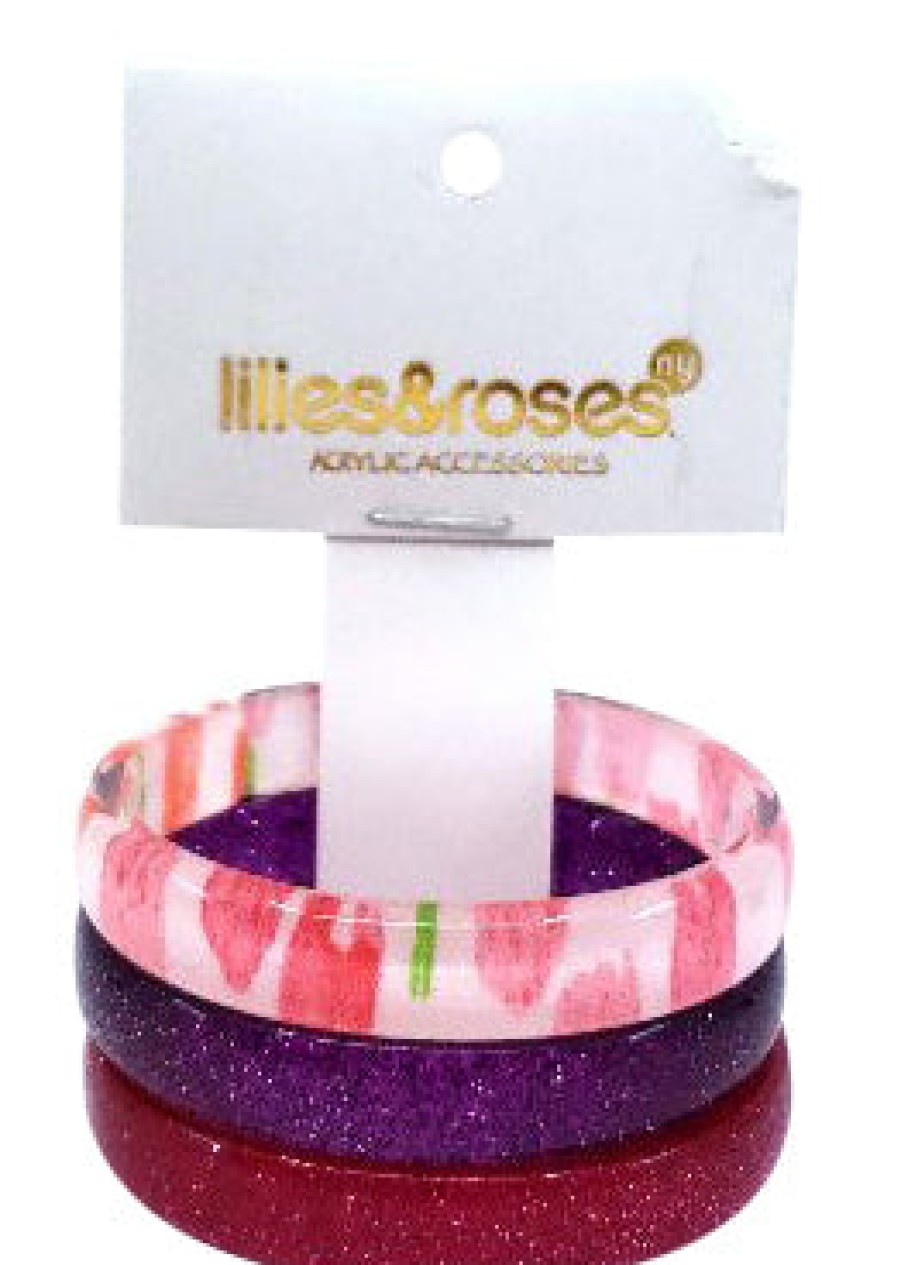 Accessories Lilies & Roses NY | Lilies & Roses Ny Fuchsia Glitter, Purple Glitter, Hearts Print 3-Pack Bracelet