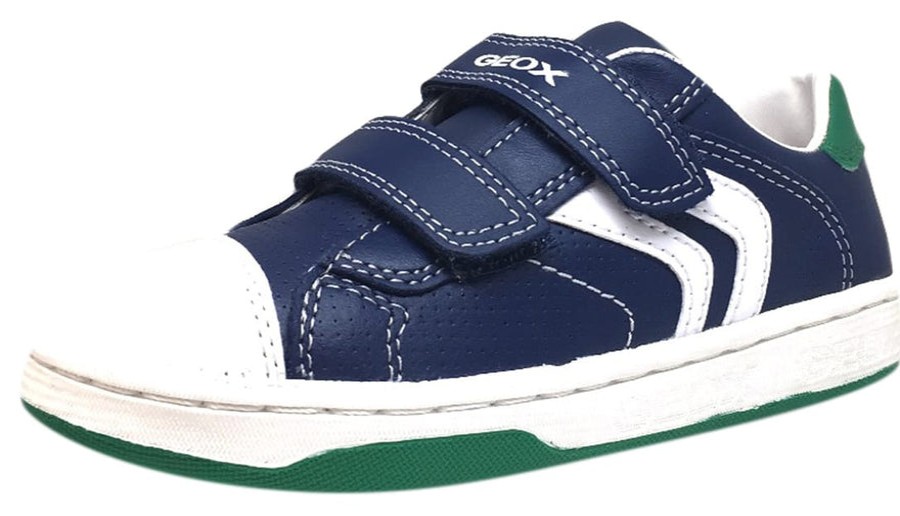 Shoes Geox Boy'S Casual Shoes | Geox Boy'S Maltin Navy & Green Double Hook And Loop Strap Sneaker Shoe