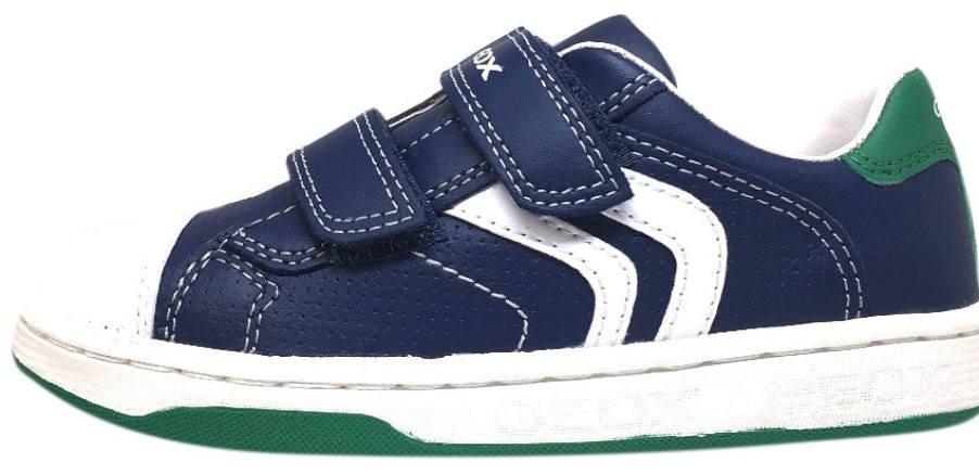 Shoes Geox Boy'S Casual Shoes | Geox Boy'S Maltin Navy & Green Double Hook And Loop Strap Sneaker Shoe