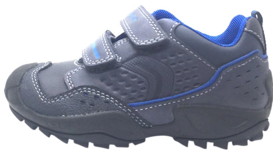 Shoes Geox Boy'S Casual Shoes | Geox Boy'S Savage Navy Royal Blue Leather Double Hook And Loop Sporty Sole Low Top Sneaker