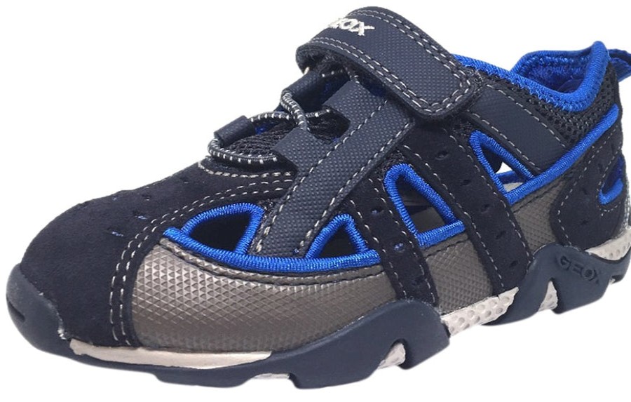 Shoes Geox Boy'S Casual Shoes | Geox Boy'S Aragon Navy & Royal Blue Single Hook And Loop Strap Closed Toe With Bumper And Elastic Lace Sandal