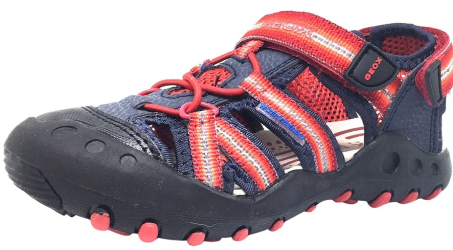 Shoes Geox Boy'S Casual Shoes | Geox Boy'S Kyle Navy Blue & Red Single Hook And Loop Strap Bumper Toe Sandal