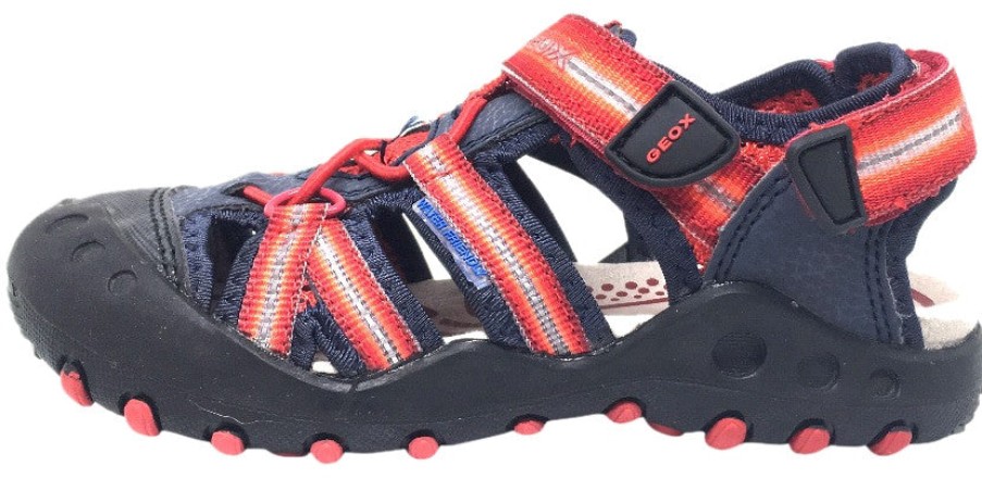 Shoes Geox Boy'S Casual Shoes | Geox Boy'S Kyle Navy Blue & Red Single Hook And Loop Strap Bumper Toe Sandal