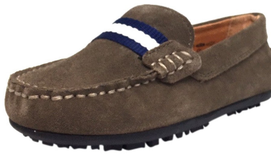 Shoes Umi Boy'S Casual Shoes | Umi Boy'S Taupe Suede Leather Studded Fabric Racing Stripe Slip On Moccasin Loafer