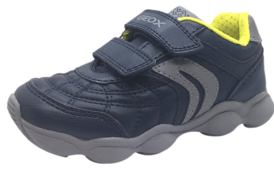 Shoes Geox Boy'S Casual Shoes | Geox Boy'S Munfrey Leather Navy Grey Double Hook And Loop Strap Sporty Spiderweb Low Top Breathable Sneaker