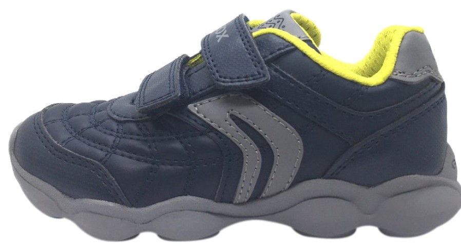 Shoes Geox Boy'S Casual Shoes | Geox Boy'S Munfrey Leather Navy Grey Double Hook And Loop Strap Sporty Spiderweb Low Top Breathable Sneaker