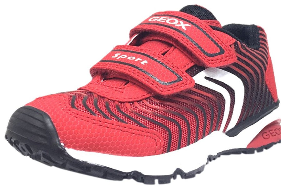 Shoes Geox Boy'S Casual Shoes | Geox Boy'S Bernie Red & Black Double Hook And Loop Strap Sneaker