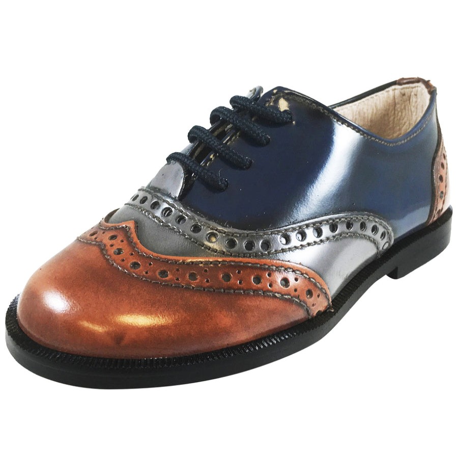 Shoes Hoo Shoes Boy'S Casual Shoes | Hoo Shoes Abe'S Boy'S Brown Grey Navy Tri Color Leather Lace Up Oxford Loafer Shoes